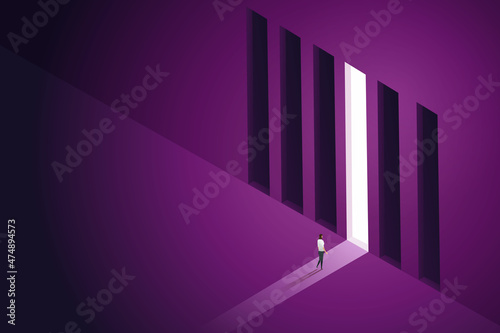 Businesswoman chooses to walk to door bright graph.