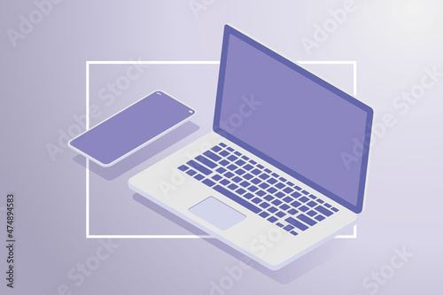 Laptops and smartphones in background trendy very peri colors.