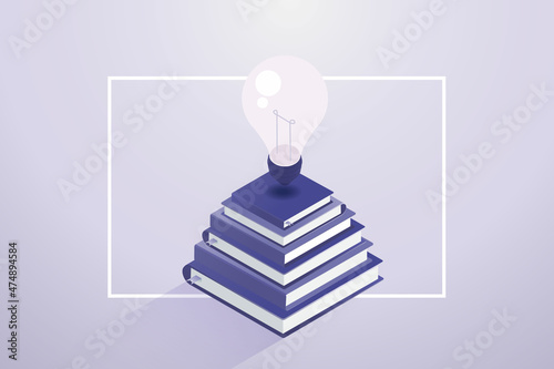 Light bulbs on a stack of books in background trendy very peri colors.
