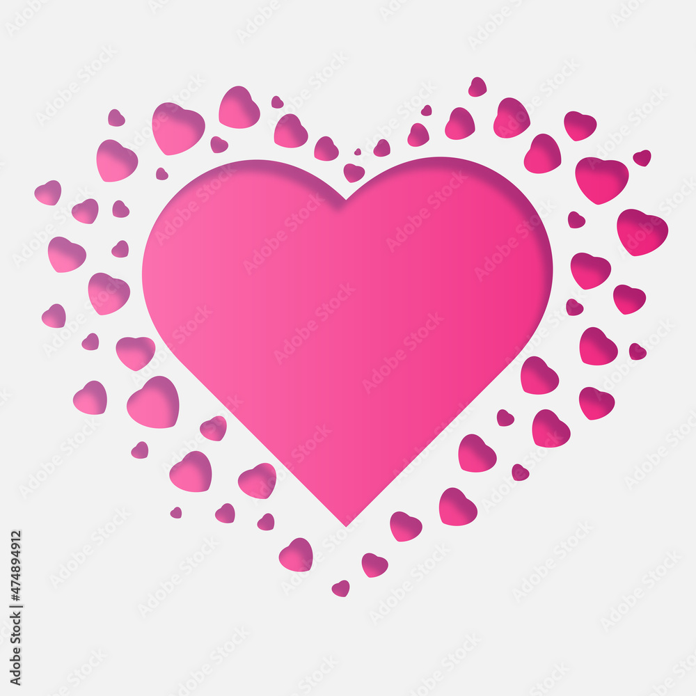 Paper cut heart shape vector frame. Greetings card for Saint Valentine's Day, Woman's Day, Wedding Day with empty space. Paper cut style card with pink hearts. 