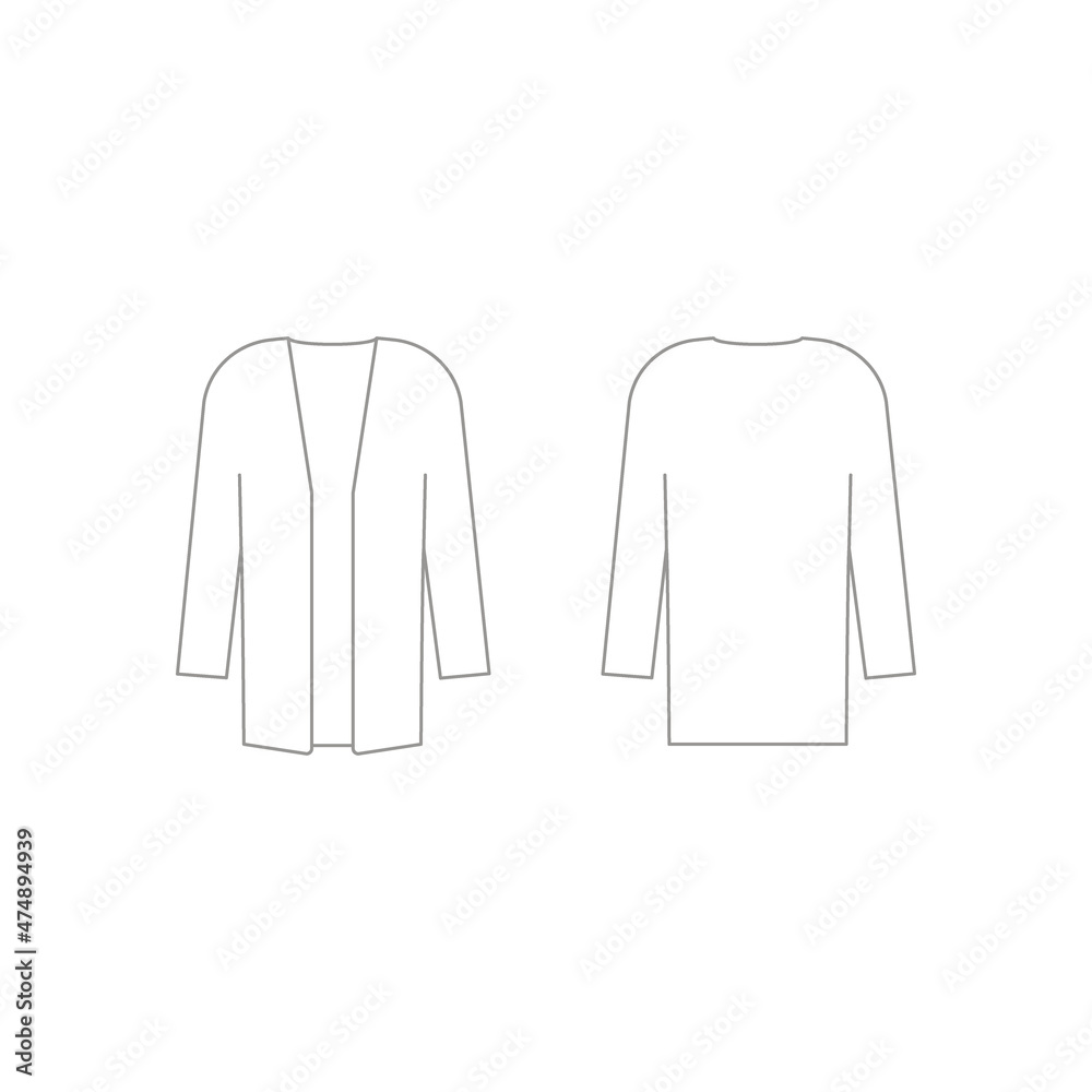 Woman cardigan clothes outline template with long sleeve. Cardigan technical mockup in front and back view. Vector illustration Woman cardigan clothes outline template with long sleeve. Cardigan technical mockup in front and back view. Vector illustration
