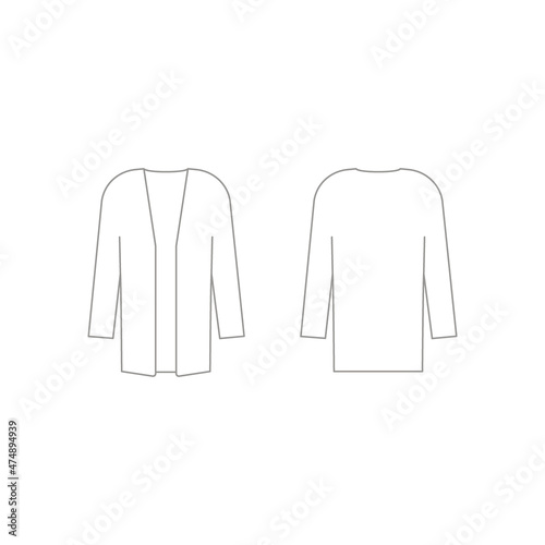 Woman cardigan clothes outline template with long sleeve. Cardigan technical mockup in front and back view. Vector illustration