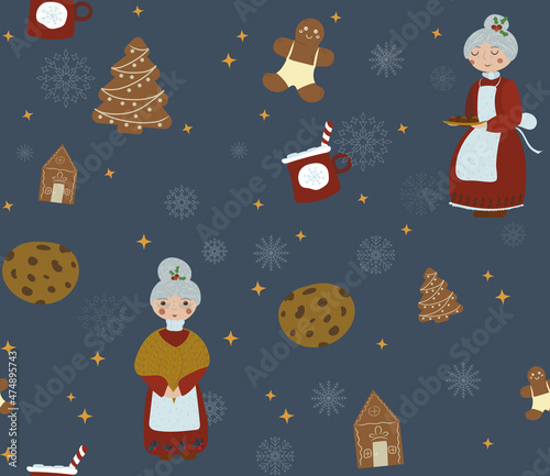 Background with Mrs Claus. Christmas pattern with Mrs. Claus, chocolate chip cookies, gingerbread cookies and a cup of cocoa on a green background. Seamless pattern. Vector graphics.