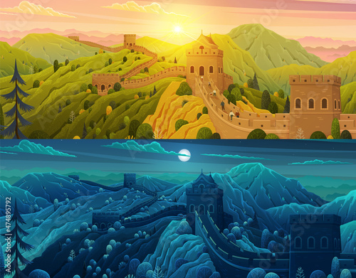 World famous landmark - Great Chinese Wall day and night landscape, monumental giant structure. Chinese famous landmark with watchtowers and wall sections on green mountains for travel and tourism