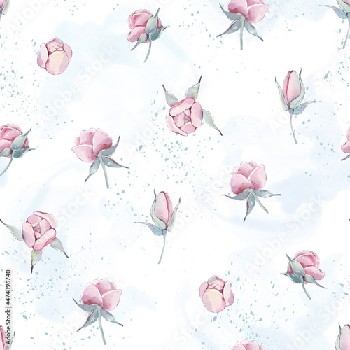 Vintage pink peonies with branches seamless pattern isolated. Watercolor hand drawn floral illustration on a white background. For mother, birthday, valentine, love cards, linen, wrapping.