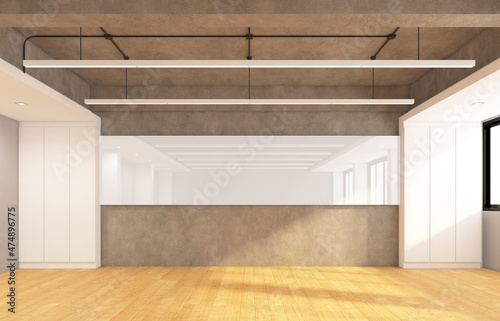 Empty loft room with whiteboard and plaster wall, wood floor. 3D rendering