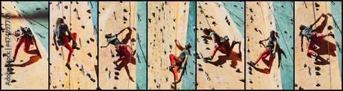 Set of images of young man professional rock climber practicing at training center in sunny day, outdoors. Concept of healthy lifestyle, tourism, nature, motion.