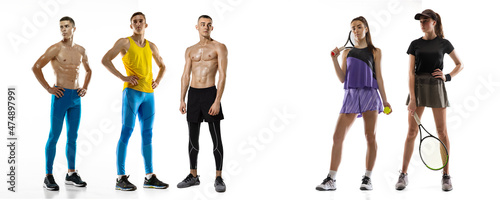 Collage made of images of fit, sportive men and women posing isolated on white background. Flyer.