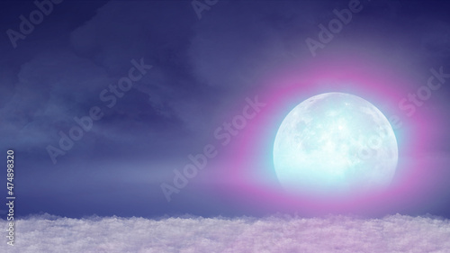 Beautiful realistic flight over cumulus lush clouds in the night moonlight