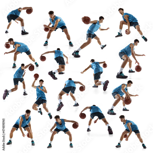 Development of movements. Collage made of images of professional basketball player with ball isolated on white studio background.
