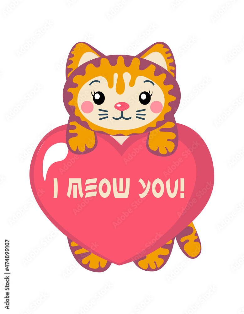 Cute kitty holding a heart, I meow you Valentine's day card, kawaii style sweet kitten, a little tiger in love 