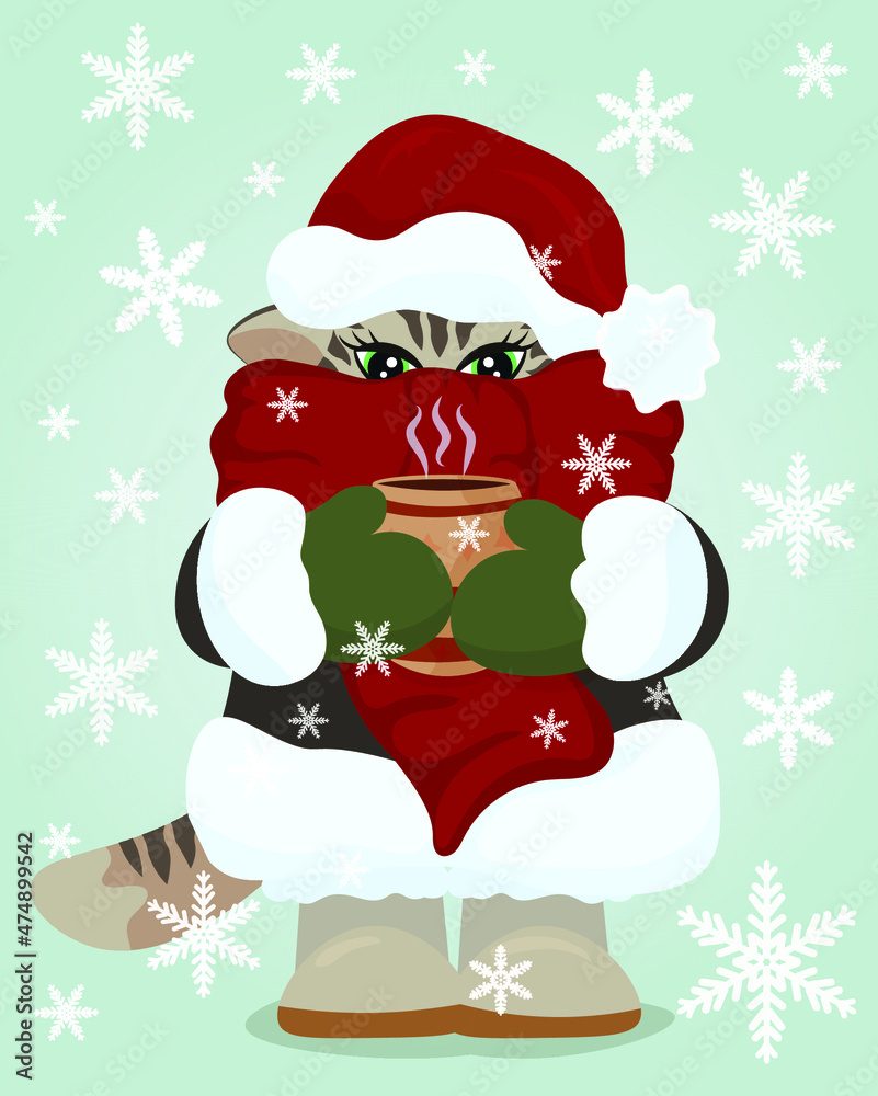 Obraz premium A cute and cozy winter cat wearing a hat and a scarf, a warm coat, mittens and boots. Santa cat holding a warm drink, Christmas kitty dressed like Santa in a snowfall