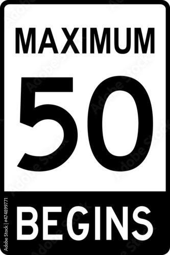 Maximum speed limit begins 50 on road sign. Traffic signs and symbols.