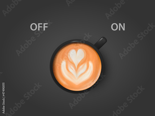 Vector 3d Realistic Off, On Switch with Milk Foam Coffee in Black Ceramic, Porcelain Coffee Mug, Foam Pattern. Capuccino, Latte. Concept Creative Banner with Coffee Cup. Design Template. Top View