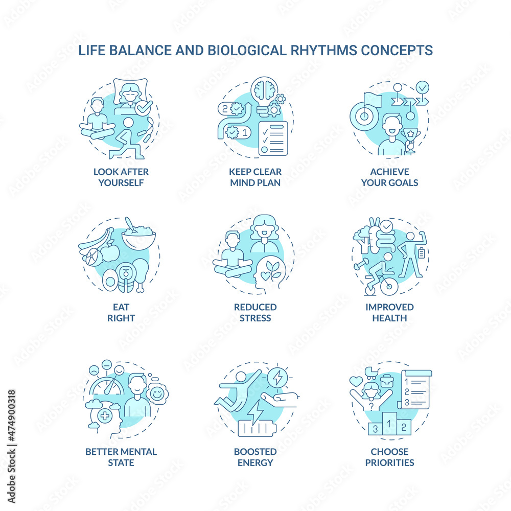 Life balance and biological rhythms turquoise concept icons set. Selfcare idea thin line color illustrations. Isolated outline drawings. Editable stroke. Roboto-Medium, Myriad Pro-Bold fonts used