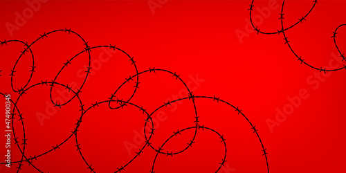 Black barbed wire loops on red background. Vector illustration.