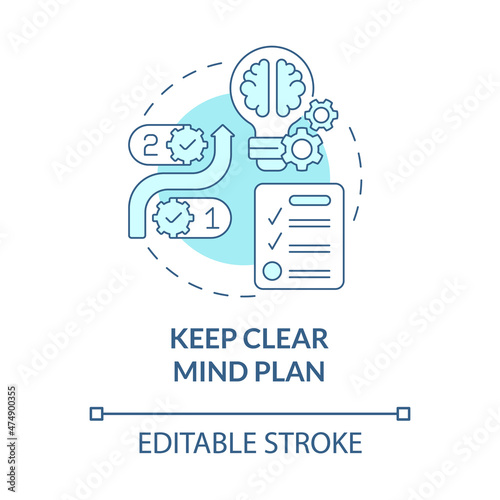 Keep clear mind plan turquoise concept icon. Mind clarity and balance abstract idea thin line illustration. Isolated outline drawing. Editable stroke. Roboto-Medium, Myriad Pro-Bold fonts used