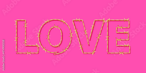 Love word written with golden barbed wire. Vector illustration.