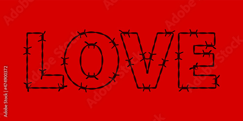 Love word written with black barbed wire. Vector illustration.