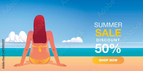 Vector Cartoon. Summer sale banner template design with woman in bikini sits on the beach illustration