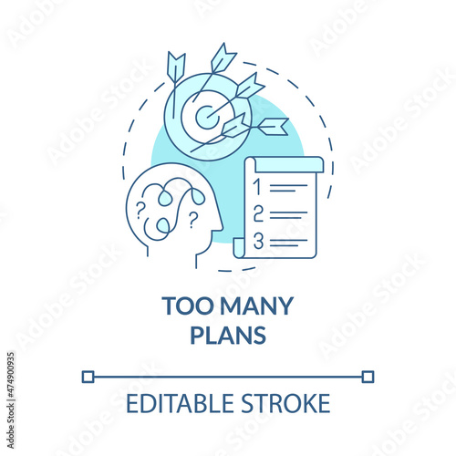 Too many plans turquoise concept icon. Imbalance of life and work abstract idea thin line illustration. Isolated outline drawing. Editable stroke. Roboto-Medium, Myriad Pro-Bold fonts used