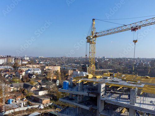 Concrete building under construction. Monolithic construction. Modern construction of concrete buildings. Monolithic building construction site work from concrete