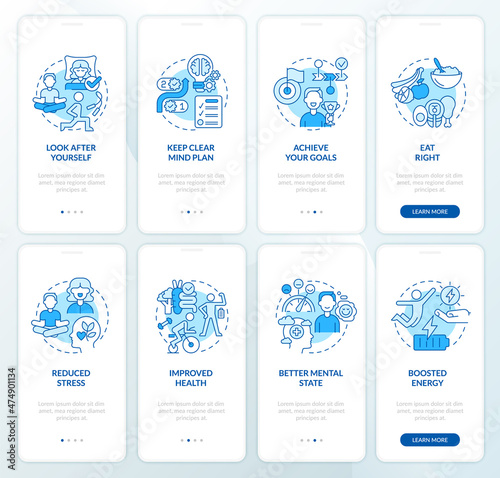 Life balance and biorhythms blue onboarding mobile app screen set. Life walkthrough 4 steps graphic instructions pages with linear concepts. UI, UX, GUI template. Myriad Pro-Bold, Regular fonts used