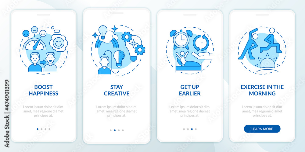 How to live balanced life blue onboarding mobile app screen. Inner peace walkthrough 4 steps graphic instructions pages with linear concepts. UI, UX, GUI template. Myriad Pro-Bold, Regular fonts used