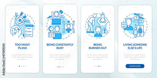 Out of balance life blue onboarding mobile app screen. Imbalance walkthrough 4 steps graphic instructions pages with linear concepts. UI, UX, GUI template. Myriad Pro-Bold, Regular fonts used