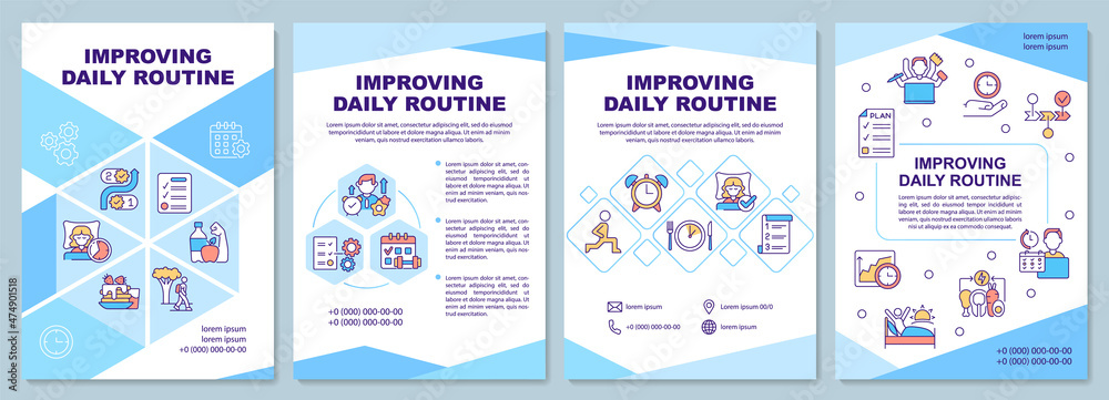 Improving daily routine blue brochure template. Life balance. Booklet print design with linear icons. Vector layouts for presentation, annual reports, ads. Arial-Black, Myriad Pro-Regular fonts used