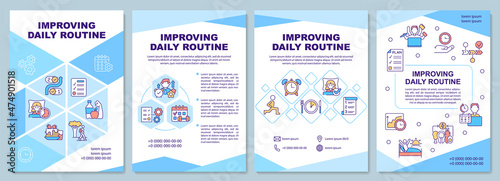 Improving daily routine blue brochure template. Life balance. Booklet print design with linear icons. Vector layouts for presentation, annual reports, ads. Arial-Black, Myriad Pro-Regular fonts used