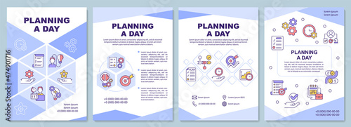 Planning day purple brochure template. Life balance. Booklet print design with linear icons. Vector layouts for presentation, annual reports, ads. Arial-Black, Myriad Pro-Regular fonts used