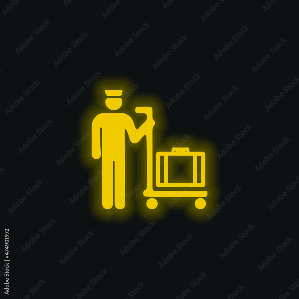 Bagagiste With Baggage On A Platform Cart yellow glowing neon icon Bagagiste With Baggage On A Platform Cart yellow glowing neon icon