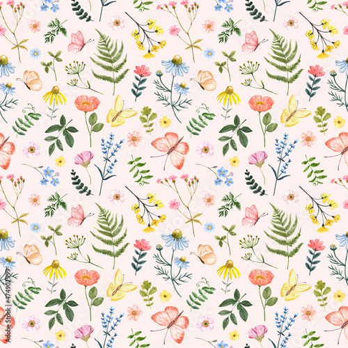 Spring floral seamless pattern on pastel pink background. Watercolor hand painted pretty yellow, pink, orange and blue flowers, herbs and butterflies. Cute botanical print.