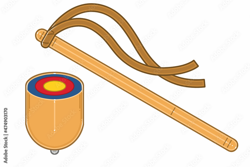Korean traditional Top toy and stick. Vector illustrations set. Stock