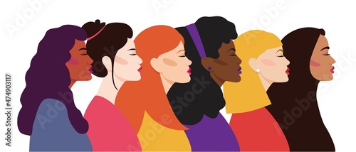 Multi-ethnic women. Group of women with different skin color, hairstyle, lips. Women's day, 8 march vector illustration.
