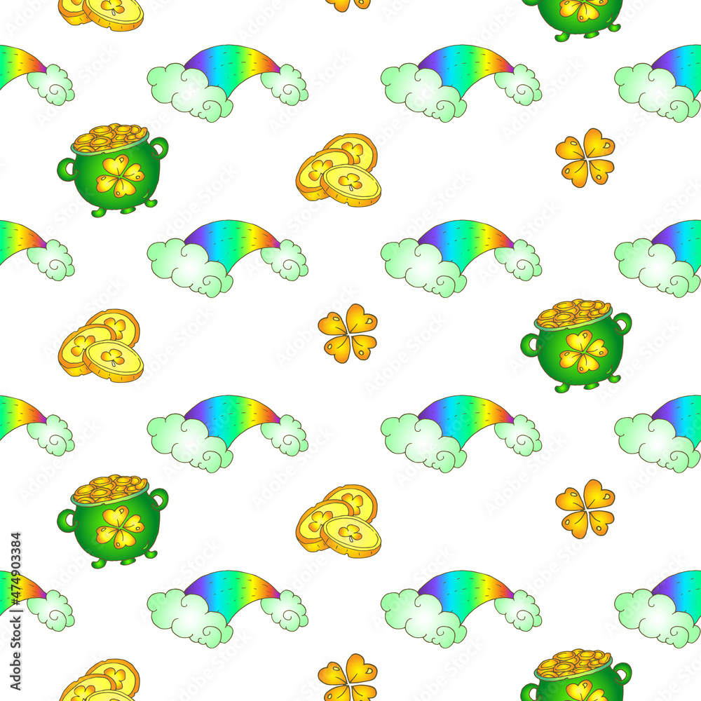 Seamless vector pattern - Irish for St Patrick Day. Celtic with pot and rainbows. White Background.
