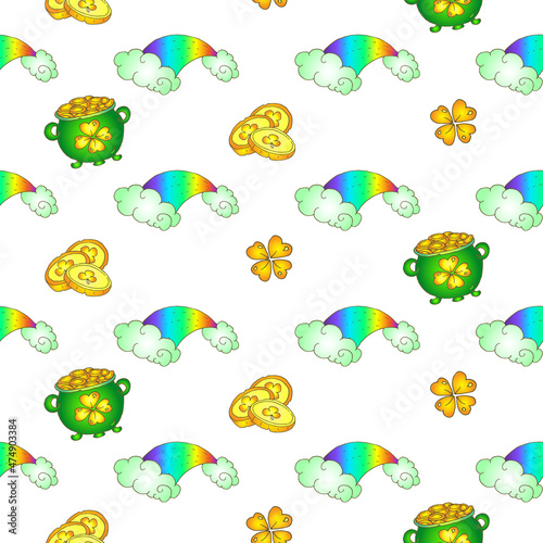 Seamless vector pattern - Irish for St Patrick Day. Celtic with pot and rainbows. White Background.