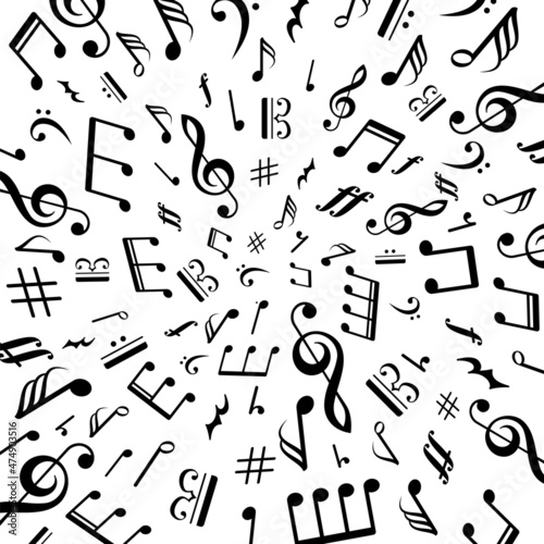 Music notes and symbols background. Vector illustration.