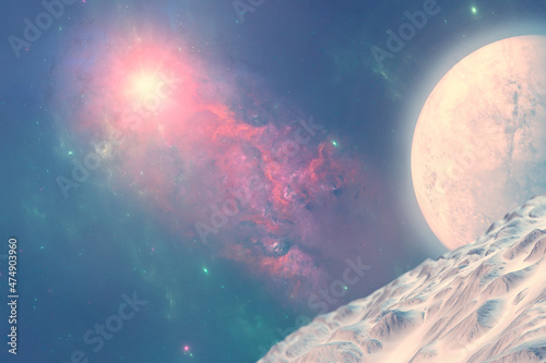Fototapeta Naklejka Na Ścianę i Meble -  Planets and exoplanets of unexplored galaxies. Sci-Fi. New worlds to discover. Colonization and exploration of nebulae and galaxies. Planet and rings. 3d render