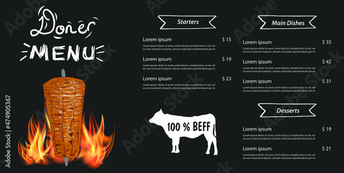 Shawarma cooking and ingredients for kebab. Doner kebab hand drawn. Middle eastern food. Fast food menu design elements. Restaurant cafe menu, template design. Food flyer. Vector.