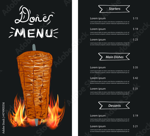 Shawarma cooking and ingredients for kebab. Doner kebab hand drawn. Middle eastern food. Fast food menu design elements. Restaurant cafe menu, template design. Food flyer. Vector.