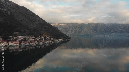 A panoramic view of the city of Perast from a bird's eye view