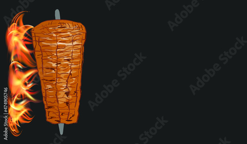 Shawarma cooking and ingredients for kebab. Doner kebab hand drawn. Middle eastern food. Fast food menu design elements. Restaurant cafe menu, template design. Food flyer. Vector.