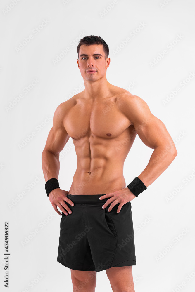 Man athlete isolated on white background. Gym full body workout. Muscular man athlete in fitness gym have havy workout. Sports trainer on trainging. Fitness motivation.