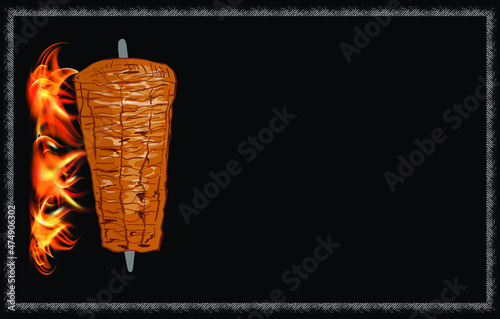 Shawarma cooking and ingredients for kebab. Doner kebab hand drawn. Middle eastern food. Fast food menu design elements. Restaurant cafe menu, template design. Food flyer. Vector.