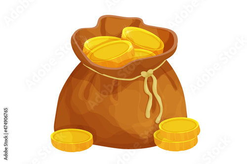 Old bag with golden coins in cartoon style isolated on white background. Money bag, treasure obgect. Ui icon, asset.