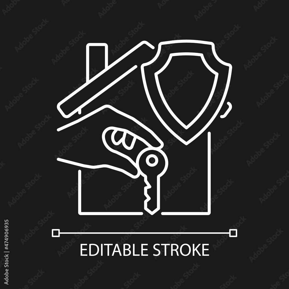 Renters insurance white linear icon for dark theme. Tenant insurance policy. Thin line customizable illustration. Isolated vector contour symbol for night mode. Editable stroke. Arial font used. Renters insurance white linear icon for dark theme. Tenant insurance policy. Thin line customizable illustration. Isolated vector contour symbol for night mode. Editable stroke. Arial font used.