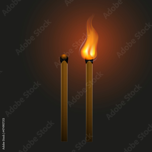 Realistic brand new, burning and burnt match sticks on black background.  Danger symbol and flammable object.Vector illustration