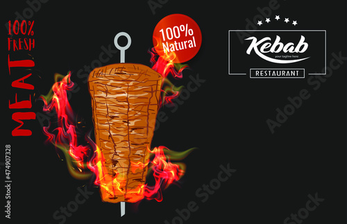 Shawarma cooking and ingredients for kebab. Doner kebab hand drawn. Middle eastern food. Fast food menu design elements. Restaurant cafe menu, template design. Food flyer. Vector.